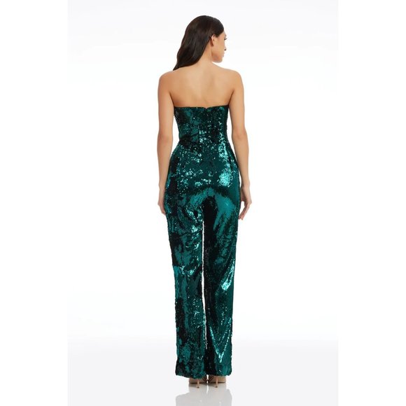 DRESS THE POPULATION Andy Sequin Strapless Jumpsuit in Deep Emerald Size Medium - Picture 2 of 13